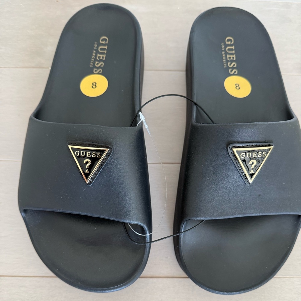 GUESS Black Ribbed Slide Sandals